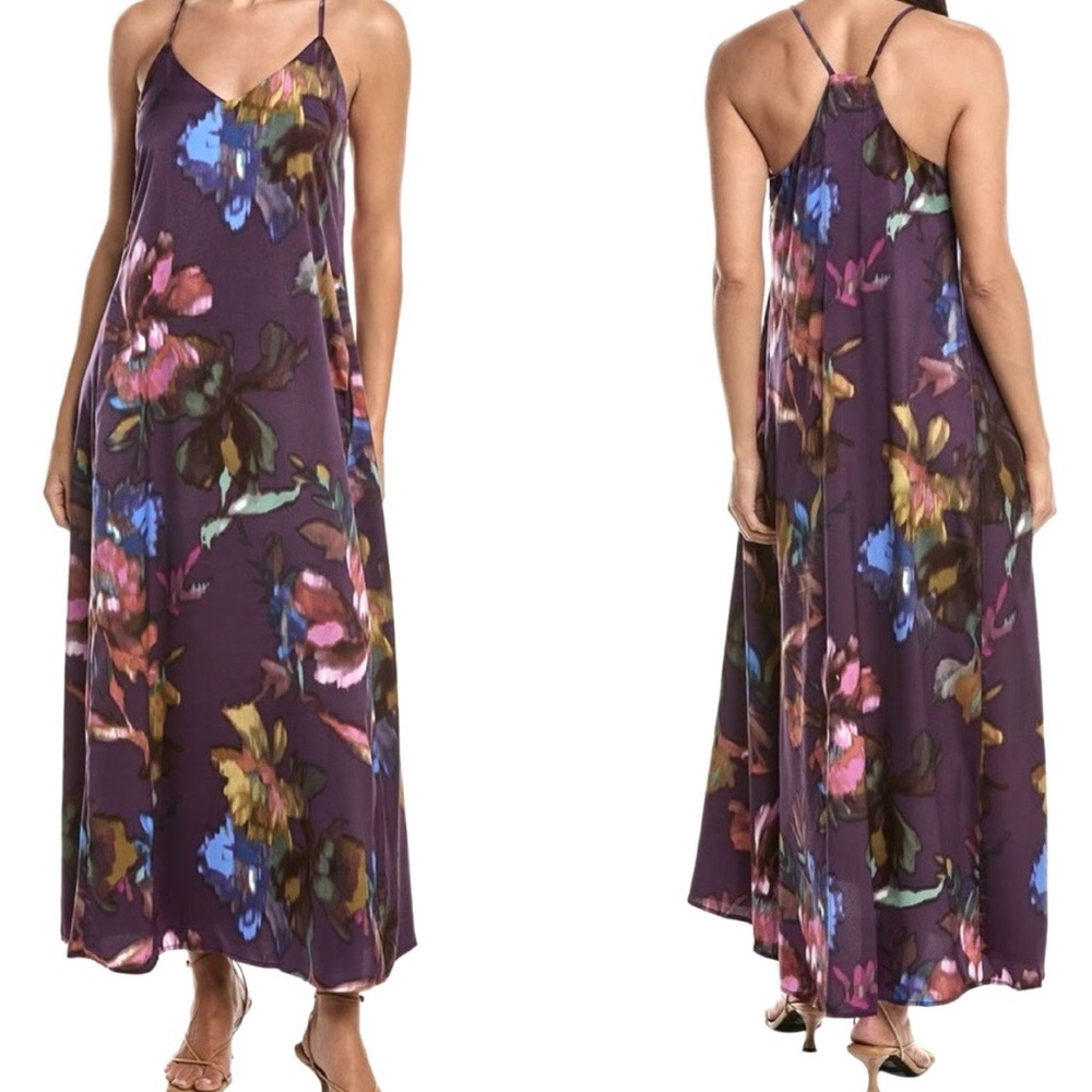 NEW Nicole Miller Purple Watercolor Floral Maxi Dress Size Large